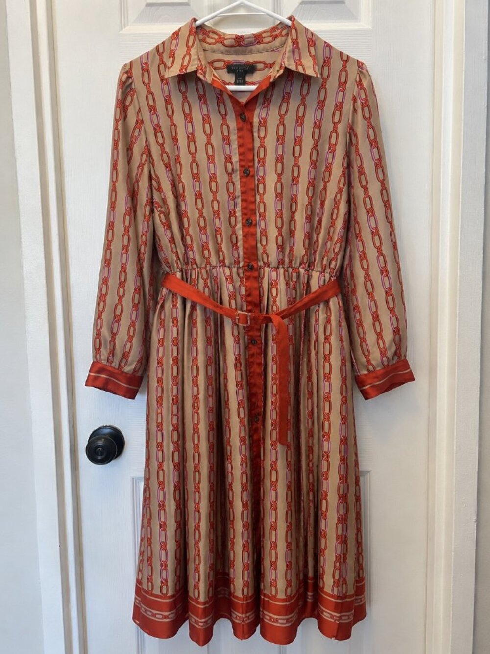 Casual Orange and Brown A-Line Dress with Notched Collar